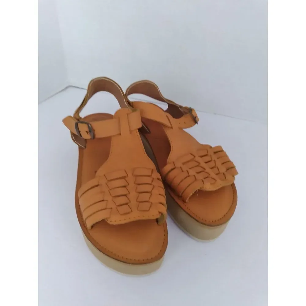 Woven Leather Platform‎ Sandals with Ankle Strap in Tan - Boho Summer Comfort